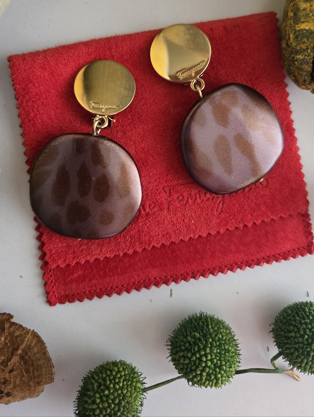 GUC Salvatore Ferragamo Brown Gold Tone Drop  Clip-On Earrings With Pouch